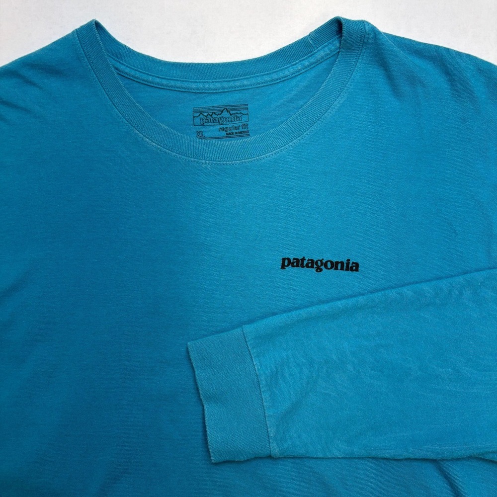 Patagonia Mens XL T-Shirt Teal Blue Graphic Long Sleeve Tee Outdoor Gorpcore